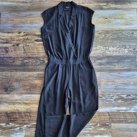 COS 100% Silk Surplice Jumpsuit Cap Sleeve Pocket Elastic Waist Black - Picture 1 of 12